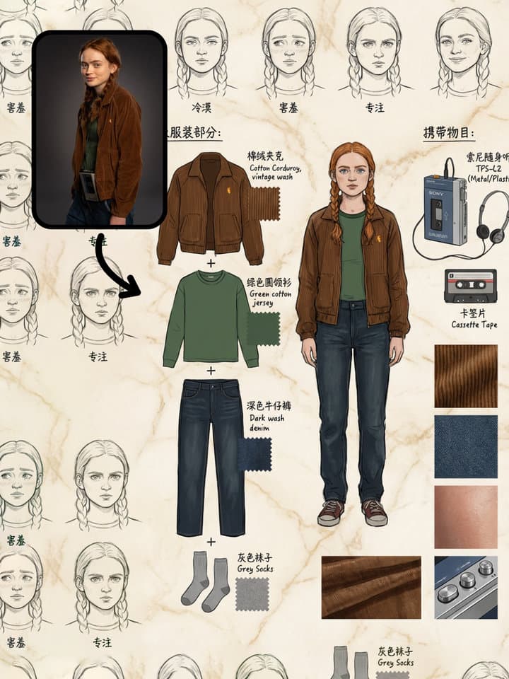 AI-generated character model sheet with multi-angle reference views